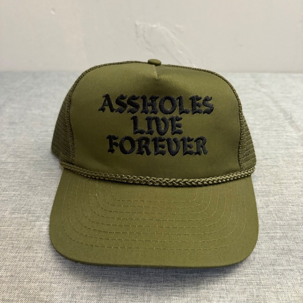 A**holes Live Forever Trucker Hat Mens OSFM Green Snapback Mesh Rope Cap